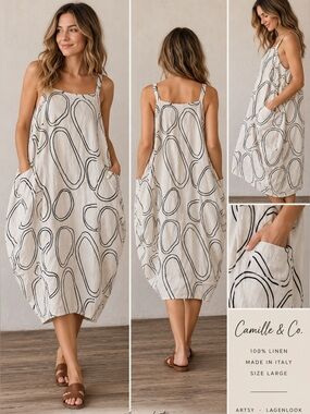 Camille & Co 100% Linen Abstract Lagenlook Cocoon Dress Italy L